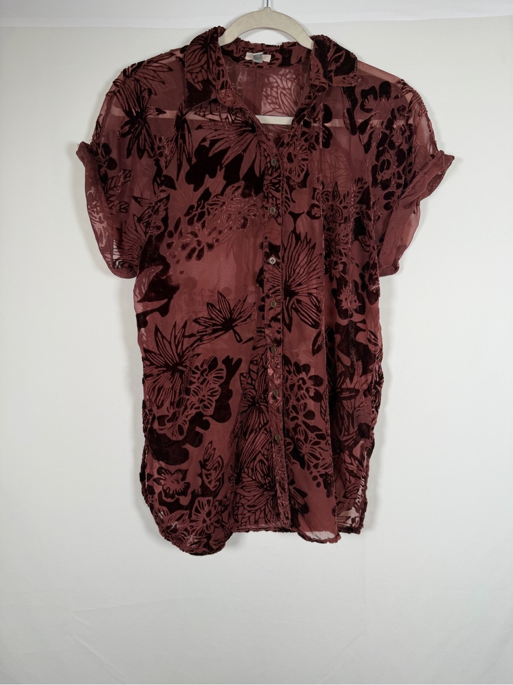 Ecote Fairygrunge Velvet Burnout Floral Button-Front Blouse - Burgundy